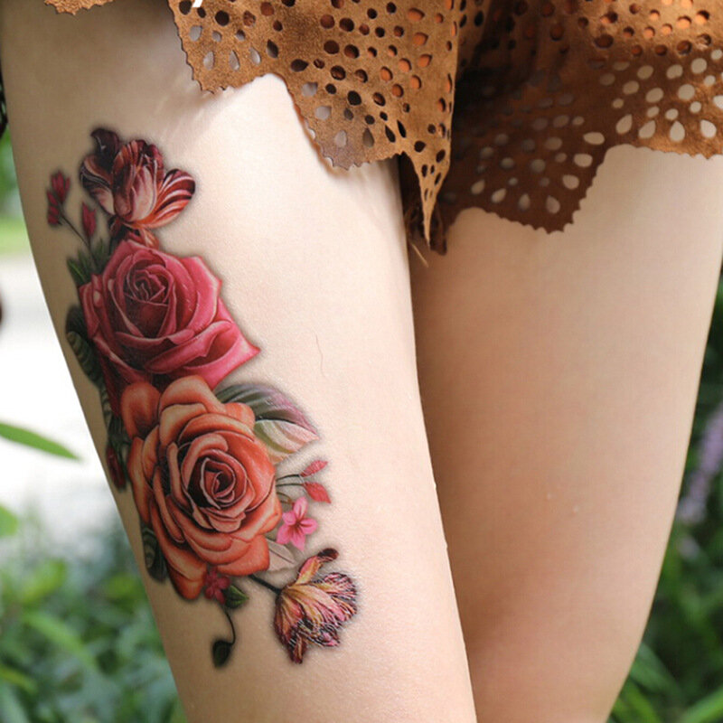 Bunga Tato Sementara untuk Wanita Seni Tubuh Lukisan Lengan Kaki Stiker Tato Realistis Palsu Merah Mawar Flash Tato Tahan Air