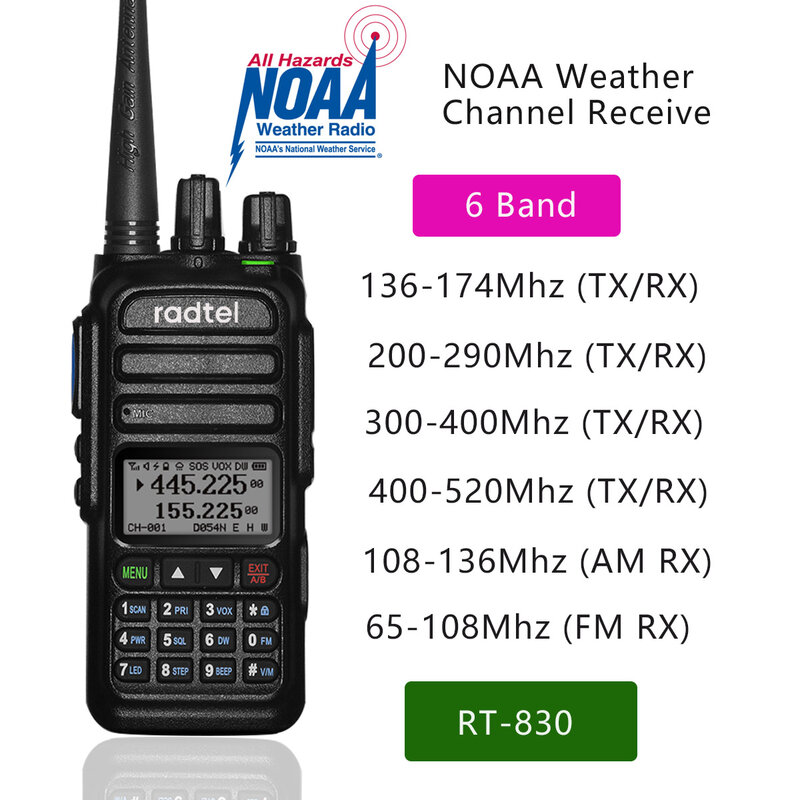Radtel RT-830 NOAA 날씨 채널 6 밴드 아마추어 햄 양방향 라디오 128CH 워키 토키 에어 밴드 컬러 경찰 스캐너 해양