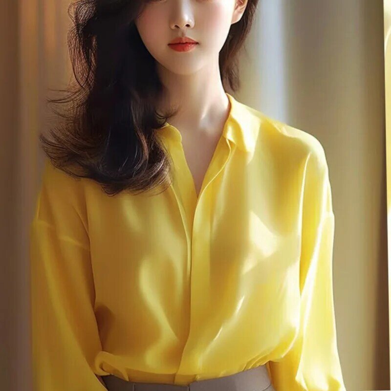 Blusa minimalista para mujer, camisa de manga larga, holgada, combina con todo, cuello de Polo, botones, moda, primavera y verano, novedad
