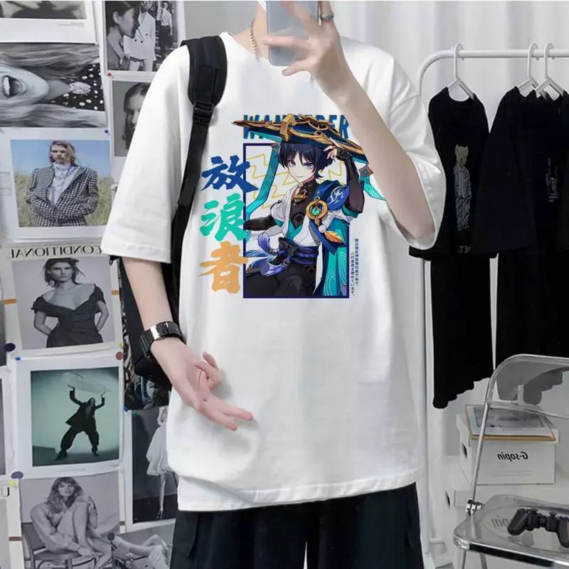 Genshin kaus lengan pendek gambar Anime wanita T-shirt lengan pendek antik grafis Harajuku pakaian jalanan modis kaus atasan Y2k