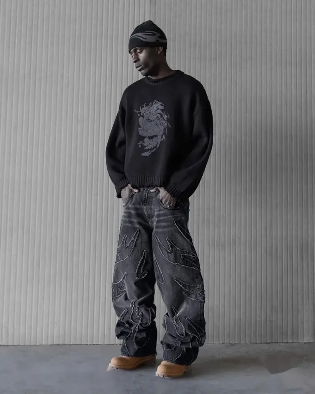 Джинсы мужские мешковатые в стиле хип-хоп Y2k, черные винтажные джинсы с вышивкой в стиле панк и с необработанными краями, в стиле пэчворк, штаны из денима с завышенной талией