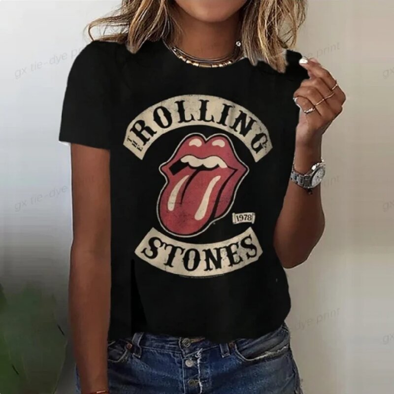 롤링 스톤 하라주쿠 재미있는 프린트 여성용 티셔츠, 반팔 O넥, 레드 티셔츠, 숙녀 티 셔츠, 상의 의류