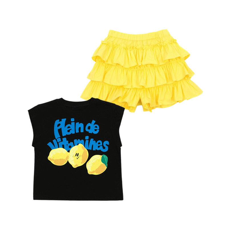 BEBEBEBE Girls' Set 2024 Summer Lemon Print abbigliamento per bambini t-shirt e pantaloncini a maniche corte in due pezzi