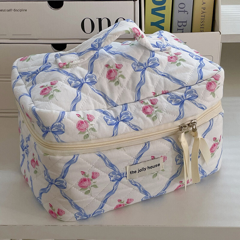 New Cute Bow Knot Zipper Cosmetic Bags Mini Tote Women Makeup Toiletry Storage Pouch Handbag Ladies Large Capacity Quilting Bag