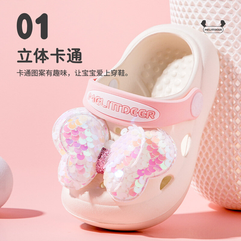Summer New 3-6 Years Old Children Slippers Cute Cartoon Hole Shoes Girls Sequin Breathable Hollow Sandals