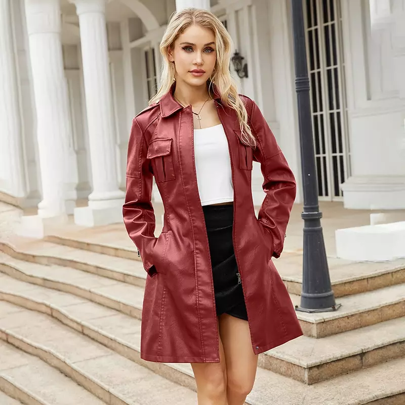 Women's Fashion Trend Niche Pu Leather Jacket Coats Simple Solid Turn-down Collar Lace-up Office Ladies Elegant Slim Coats