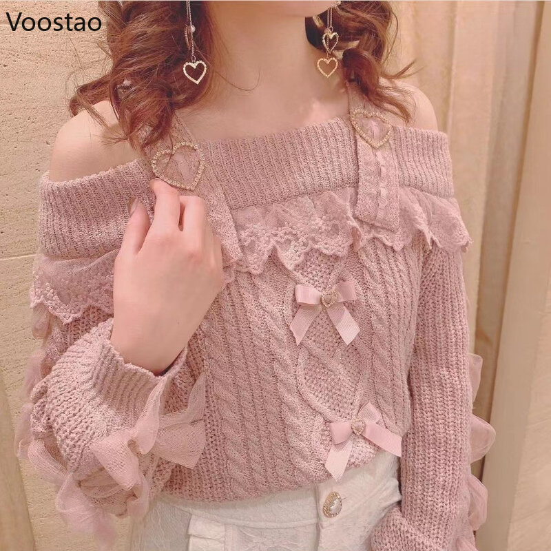 Vintage Sweet Lolita Style Knitted Pullover Autumn Girls Cute Off Shoulder Lace Ruffles Bow Sweater Women Harajuku Knitwear Tops