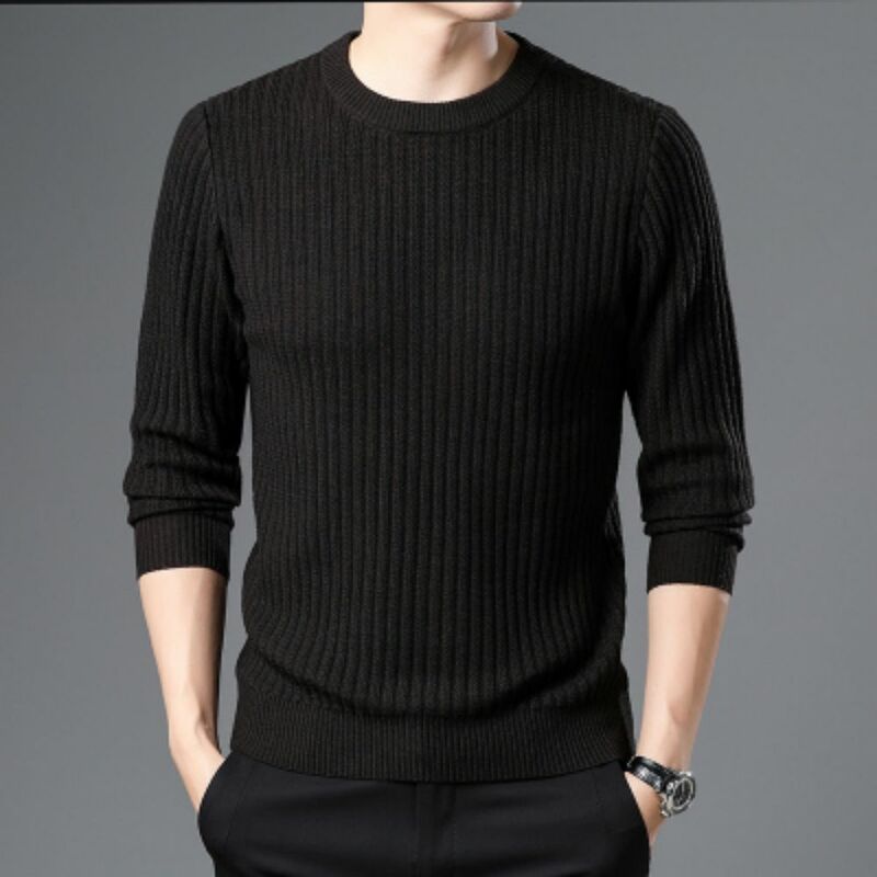 Новинка Осень 2023, модный мужской однотонный пуловер с круглым вырезом и длинным рукавом, свитер, повседневный плотный шерстяной свитер