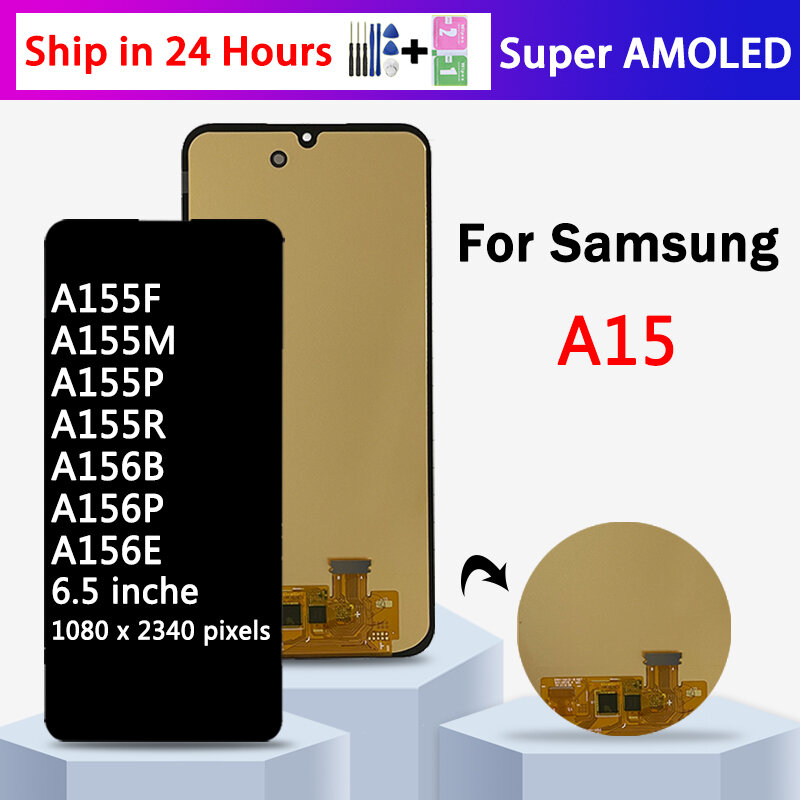 Super AMOLED A15 Дисплей для Samsung A15 4G SM-A155F, ЖК-дисплей, сенсорный экран, дигитайзер для Samsung A15 5G, рамка для ЖК-дисплея