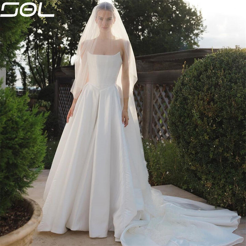 SOL Simple Strapless A-Line Satin Wedding Dresses Elegant Sleeveless Backless Sweep Train Bridal Gowns Vestidos De Novia