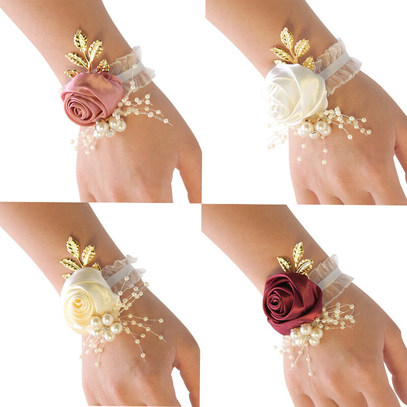 1 buah bunga mawar imitasi pengiring pengantin gelang bunga tangan pernikahan Prom hadiah Aksesori pernikahan untuk tamu pengantin korsase