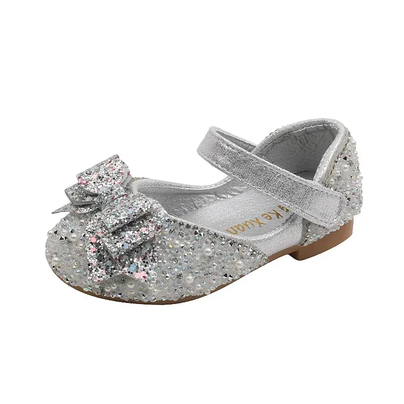 Zapatos de cuero con lentejuelas para niños y niñas, zapatillas de princesa con diamantes de imitación y lazo, zapatos planos de fondo suave con perlas, primavera 2024, H533