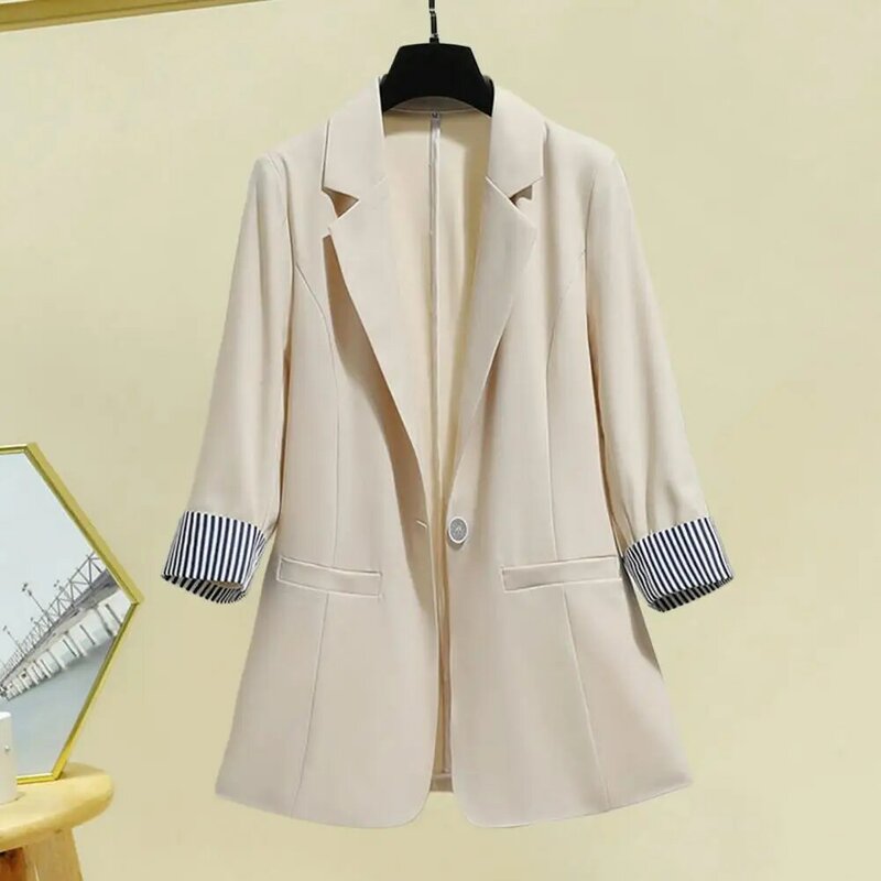 Women One-button Suit Jacket Striped Edge Pattern Suit Coat Elegant Women's Mid-length Suit Coat with Turn-down for Office