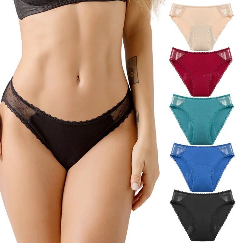 9145 Low waist Lace Comfy Menstrual Underwear Bamboo 4 Layer Leak proof Absorbent Period Panties for Women