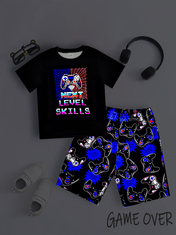 Conjunto de pijama de 2 piezas para niños, ropa de estar por casa informal, con estampado de Gamepad, jersey de manga corta y pantalones cortos, a la moda