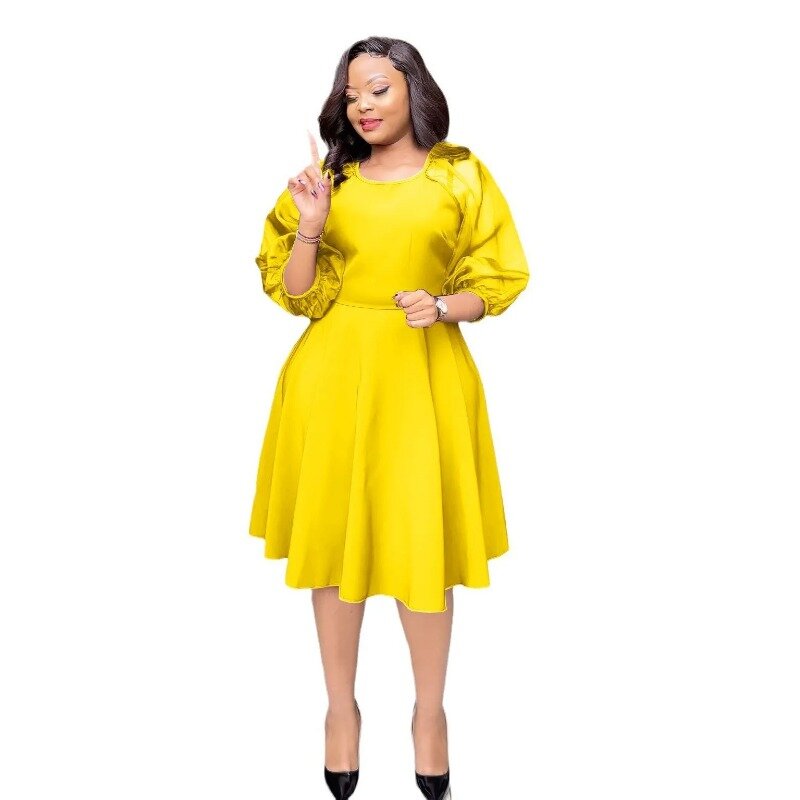 女性のためのアフリカのイブニングドレス,3/4袖,ラウンドネック,黄色,紫,白,ミディドレス,アフリカの服,春,2022, M-XL