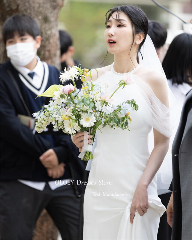OLOEY Simple Mermaid Korea Wedding Dresses Photoshoot Halter Slim Elegant Bridal Gowns Floor Length Soft Satin Custom Made
