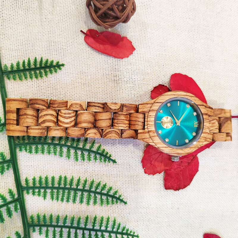 Jam tangan kayu modis wanita simulasi jam tangan berlian Dial istri jam pacar modis kesederhanaan jam tangan kayu Quartz untuk wanita