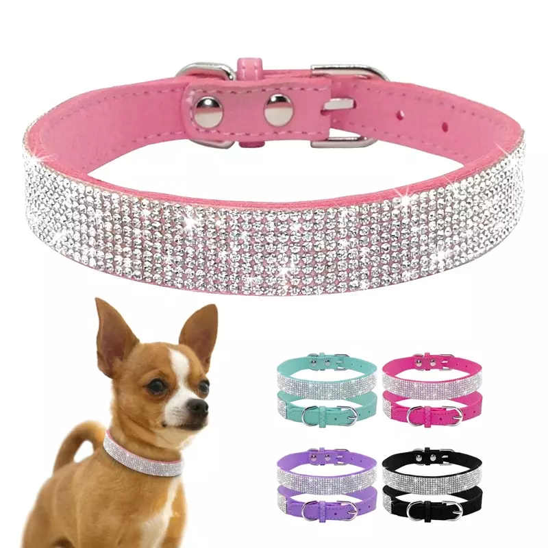 Collar de fibra de ante para perros pequeños y gatos, Collar con hebilla de aleación de Zinc, con diamantes de imitación y purpurina, cómodo, XXS-L