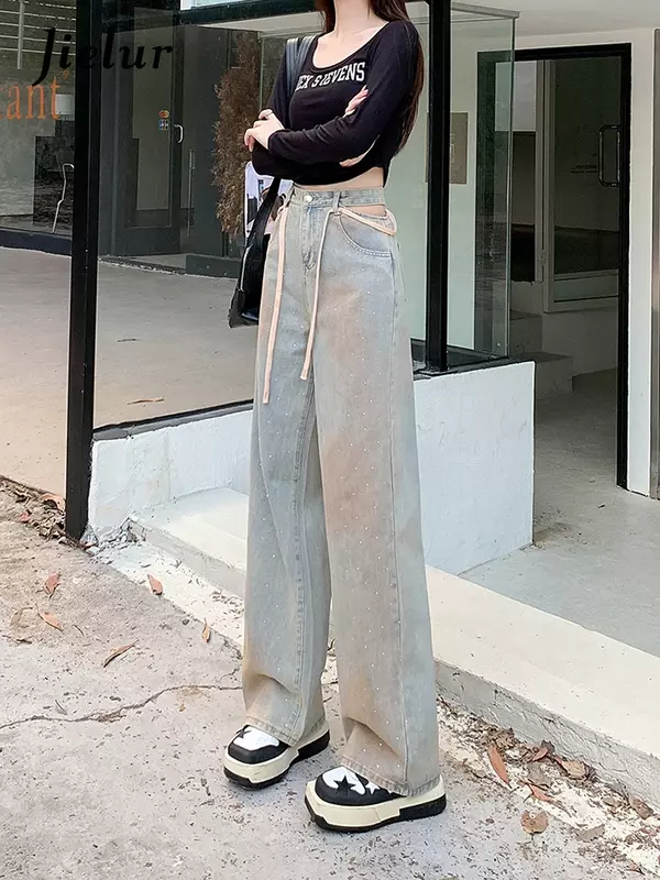 Jelur in Sexy Hollow Out Vintage jeansy damskie z wysokim stanem szczupła moda kobieta Jeans jesień nowa Chicly proste nogawki kobieta