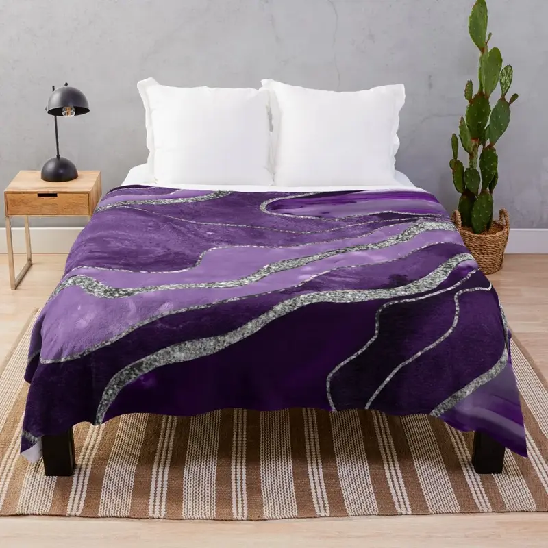 Фиолетовый мраморный Агат Серебряный Блеск глам #1 (искусственный блеск) # Декор # художественное покрывало Роскошные Дизайнерские роскошные одеяла