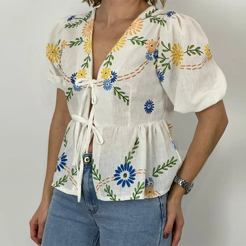 여성용 퍼프 소매 브이넥 플로럴 프린트 셔츠, 루즈한 캐주얼 셔츠, 미적 타이 프론트 러플 탑, 여름 셔츠