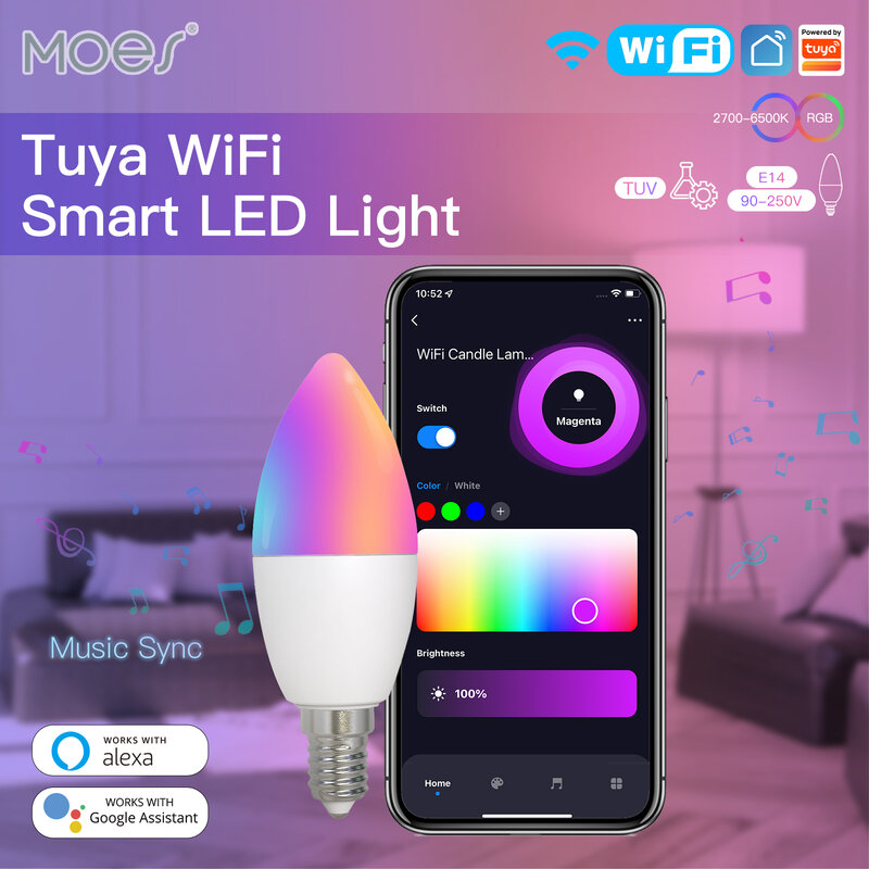 MOES WiFi สมาร์ทหลอดไฟ LED E14โคมไฟเทียนไข16ล้าน RGBCCT 2700-6500K Dimmable Candelabra Light Tuya Alexa Google 90-250V 6W
