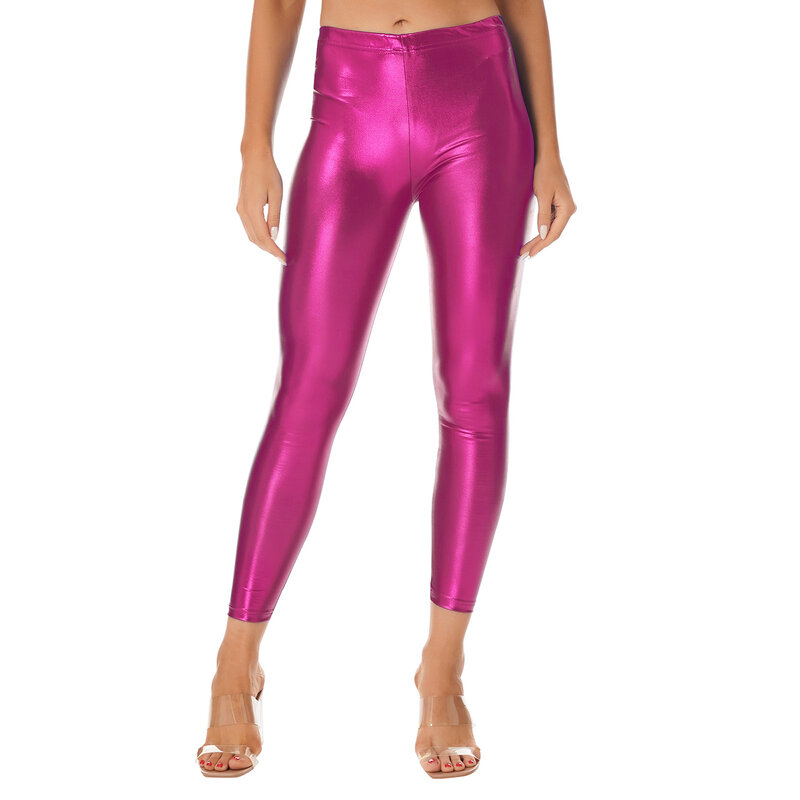 Женские металлические леггинсы из искусственной кожи, блестящие эластичные брюки со средней талией для ночного клуба, выступления на танце