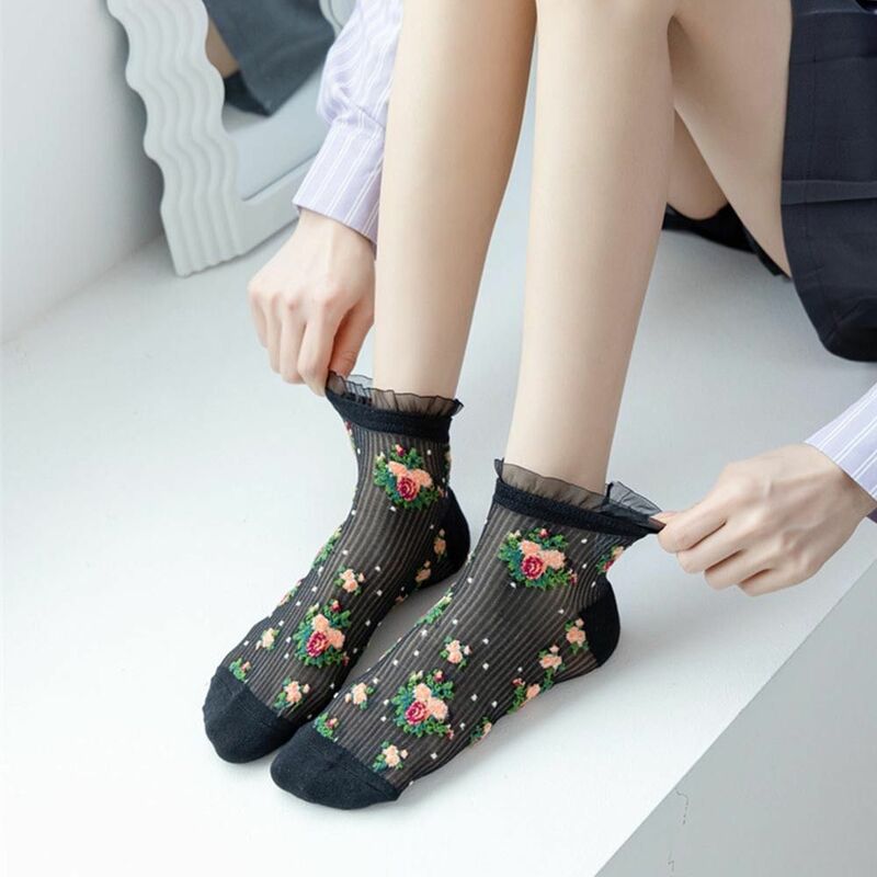 Floral Element Crystal Silk Socks Ultra-thin Sweat Absorbing Floral Embroidery Socks Anti-Friction Foot Breathable