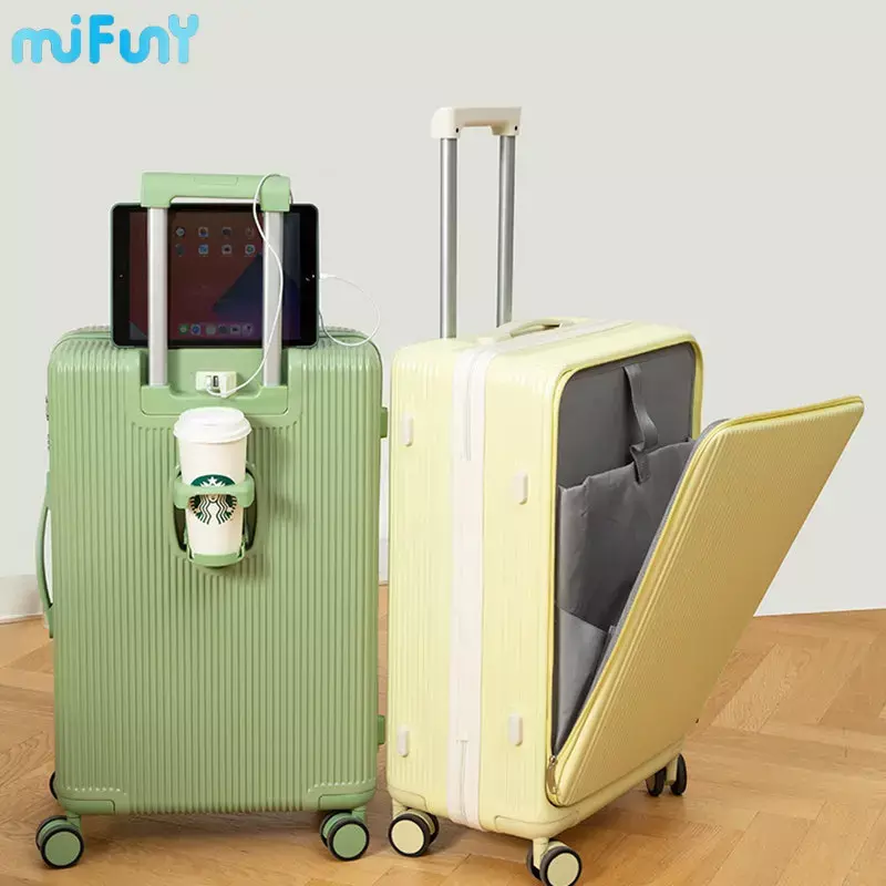 Mifuny-Compartimento de bagagem com interface USB, estojo de abertura frontal, estojo de viagem com porta-copos, senha modelo, moda, 2023
