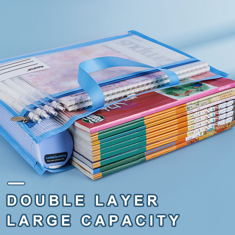 A4 Document Bag Mesh Bag Waterproof Double Layer Large Capacity Organizer Cosmetic Makeup Bag Transparent File Folders