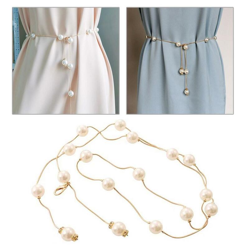 Chain Thin Belt High Quality Metal Pearl Chain Beads Belt Jeans Accessories Adjustable Fashion Skirt Wild Waist Y2H3