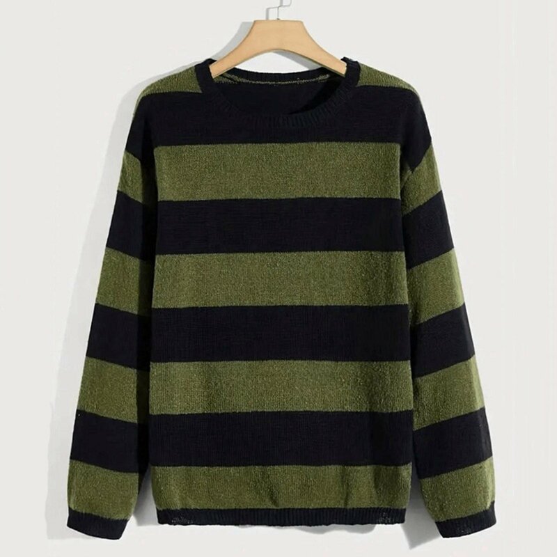 Suéter listrado de manga comprida masculino, verde e preto, gola redonda, pulôver de malha grande, blusa casual, top quente, outono, inverno
