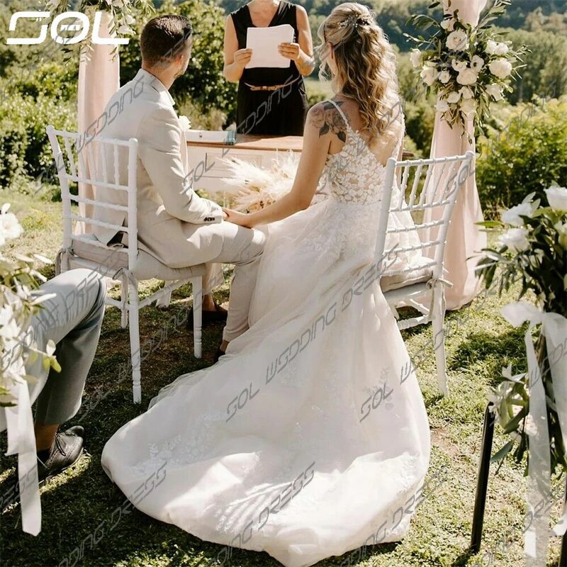فساتين زفاف من الساتان بحمالات سباغيتي ، فساتين زفاف مثيرة على شكل حرف A ، فستان باسترول عاري الظهر ، مزينة بالدانتيل ثلاثي الأبعاد