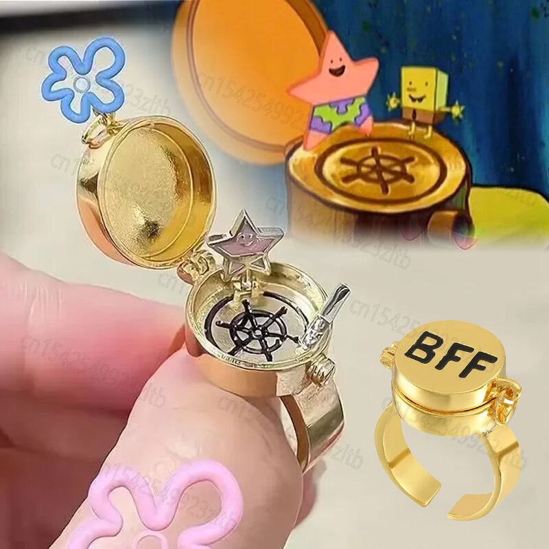 Anillo de Bob Esponja BFF, mejores amigos, accesorios de joyería, estrella de dibujos animados, anillo abierto Chapado en cobre creativo para siempre, regalo de Bestie