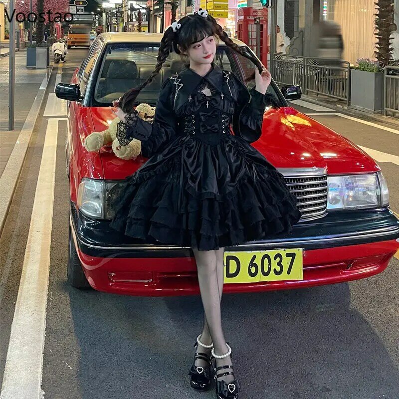 Vestido Lolita gótico vintage para mulheres, Bandagem Slim Victorian Punk, Vestidos de festa princesa, Meninas Cute Metal Cross Bow, Vestido de noite