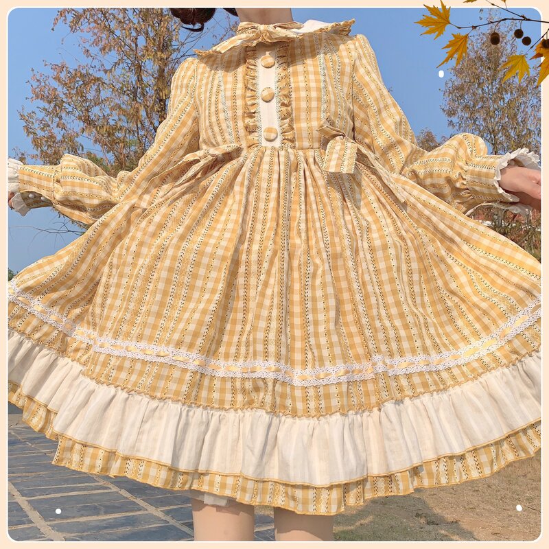 Lolita Kawaii – robe à carreaux en coton pour femmes, Vintage, manches longues, OP, automne, printemps, Cosplay, mignonne, pour filles
