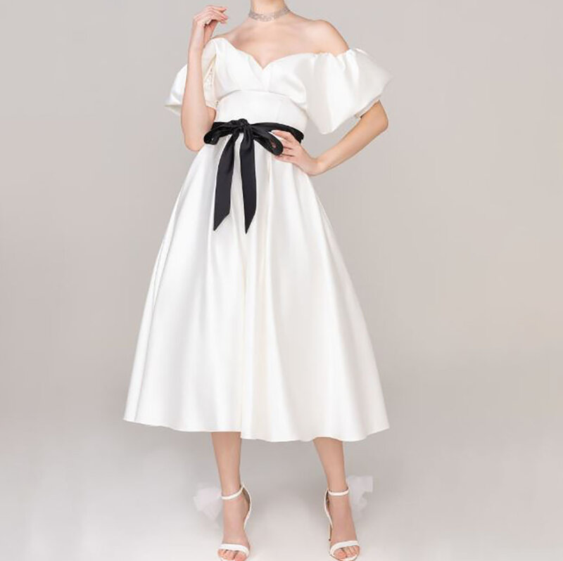 A-Line Satin Off-Shoulder Sweetheart Short Sleeves Belt Pockets Tea Length Prom Dress Vestido de Fiesta