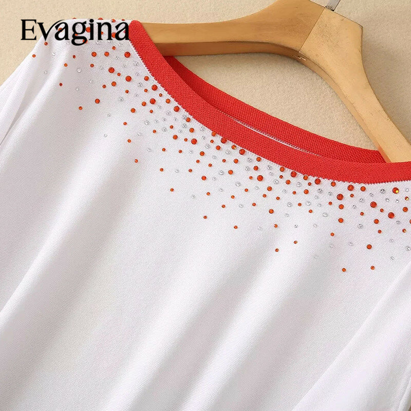 Evagina модный дизайнерский женский весенний Новый лоскутный трикотажный топ со стразами + бальная юбка с высокой талией комплект из 2 предметов 2024