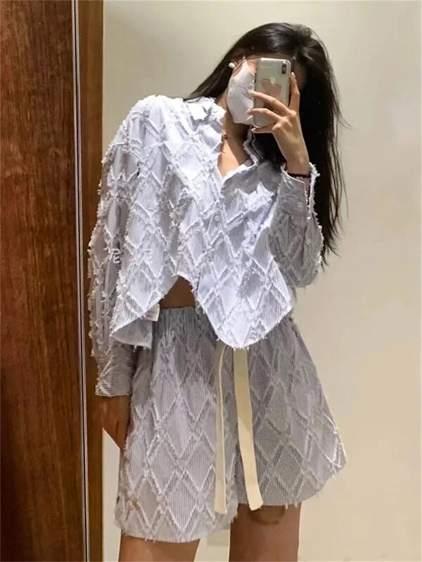 Women Plaid Stripes Casual Suit Turn-down Collar Single Breasted Shirt or Elastic Waist Drawstring Loose Shorts WIth Pocket