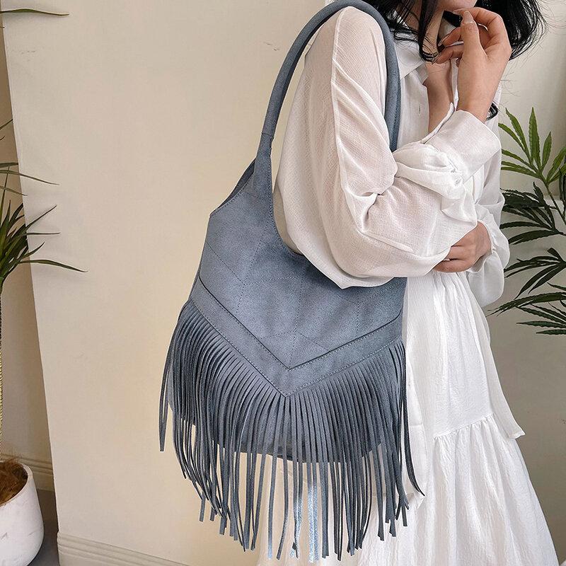 Małe torby na ramię z zamszowej tkaniny frędzle dla kobiet 2024 kobiecy Trend moda torba pod pachami damska słodka torebki i portmonetki