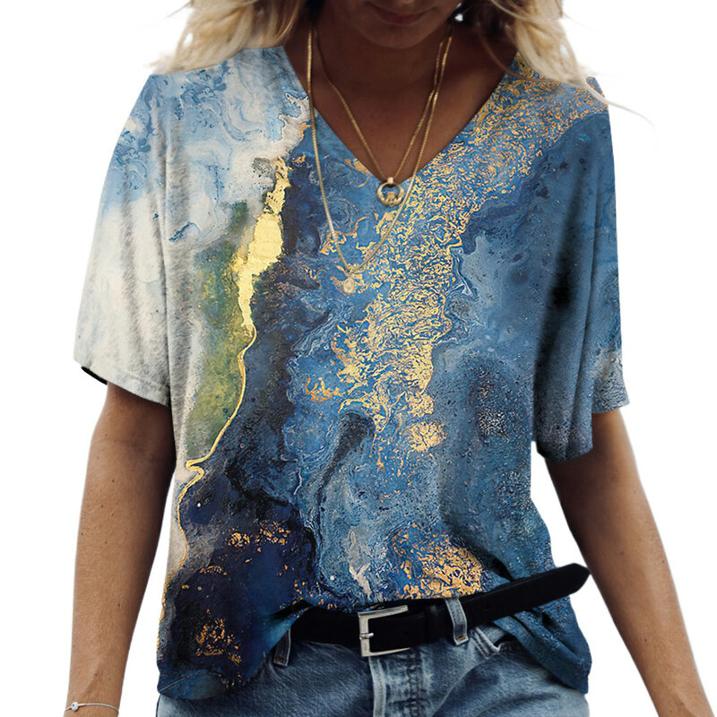 女性用半袖VネックTシャツ,3Dグラデーションカラープリントのヴィンテージルーズガーメント,原宿ファッション,新しい夏のコレクション