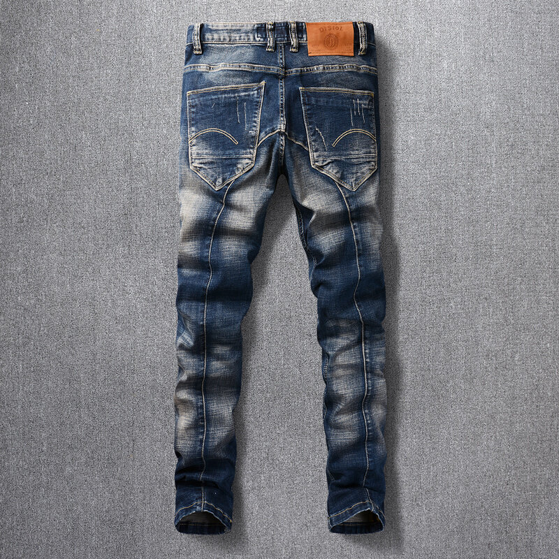 Mode Vintage Heren Jeans Retro Zwart Blauw Stretch Elastische Slim Fit Gescheurde Jeans Heren Gesplitst Designer Vintage Denim Broek Hombre
