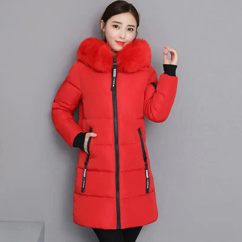Gidyq zimowe damskie parki z kapturem koreański elegancki patchworkowe futrzane kurtki damskie wszystkie pasują do grubego ciepłego płaszcza Midi nowe