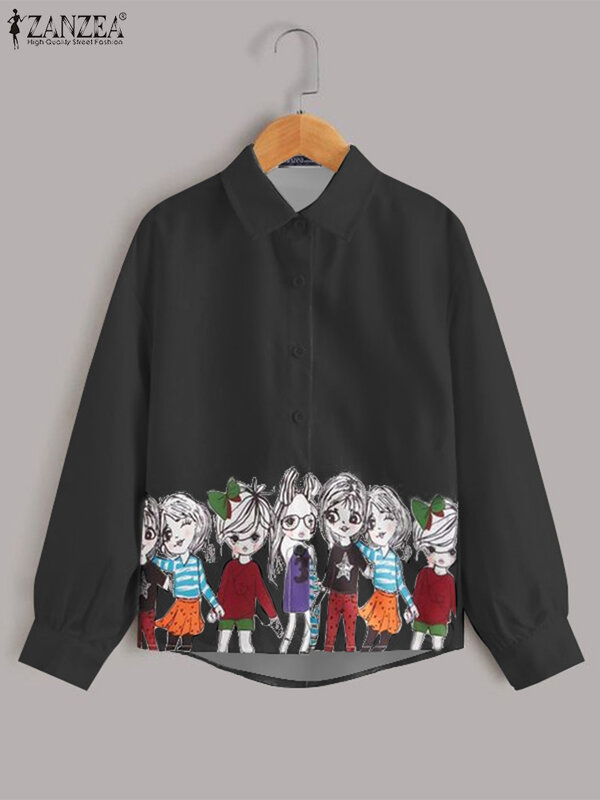 ZANZEA-Tops de manga larga para mujer, camisa con estampado de dibujos animados, cuello de solapa, túnicas coreanas informales, 2024