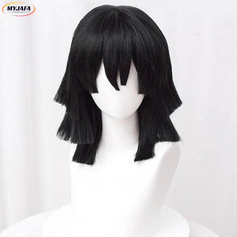 Парик Iguro Obanai для косплея, короткие термостойкие волосы черного цвета, аниме, с шапочкой