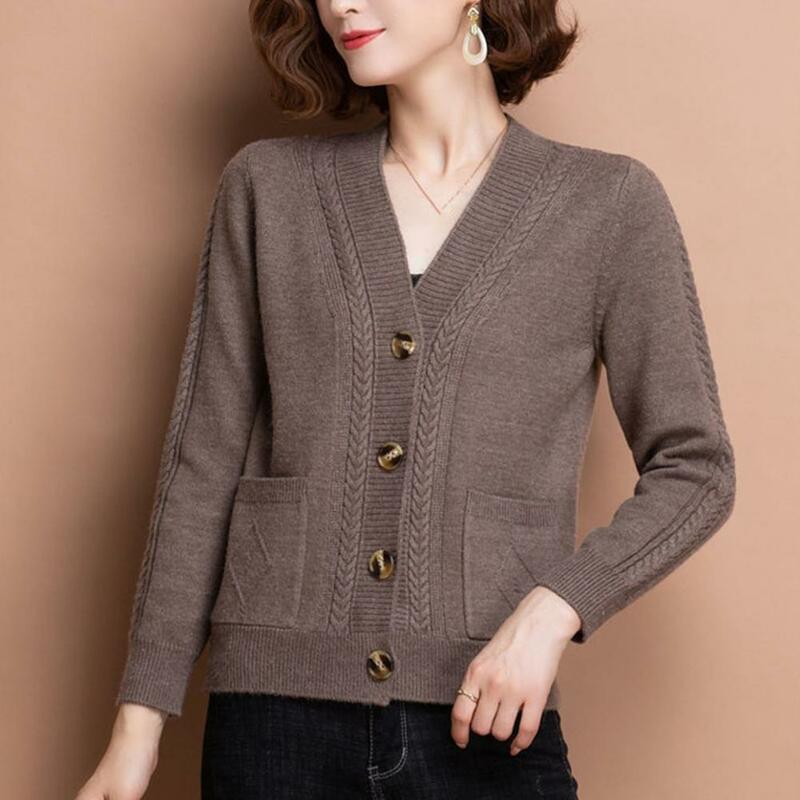 Women Knitted Cardigan Spring Autumn V Neck Button Closure Long Sleeves Solid Color Middle Age Ladies Coat Top Streetwear