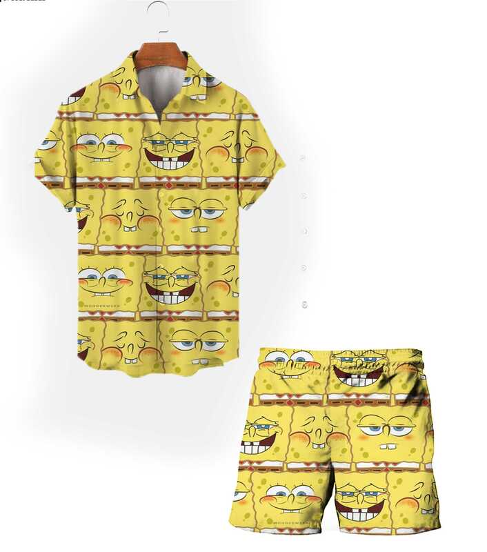 Beach casual Harajuku 2024 new summer Spongebob cartoon men's short-sleeved shirt suit street style fashion suit y2k