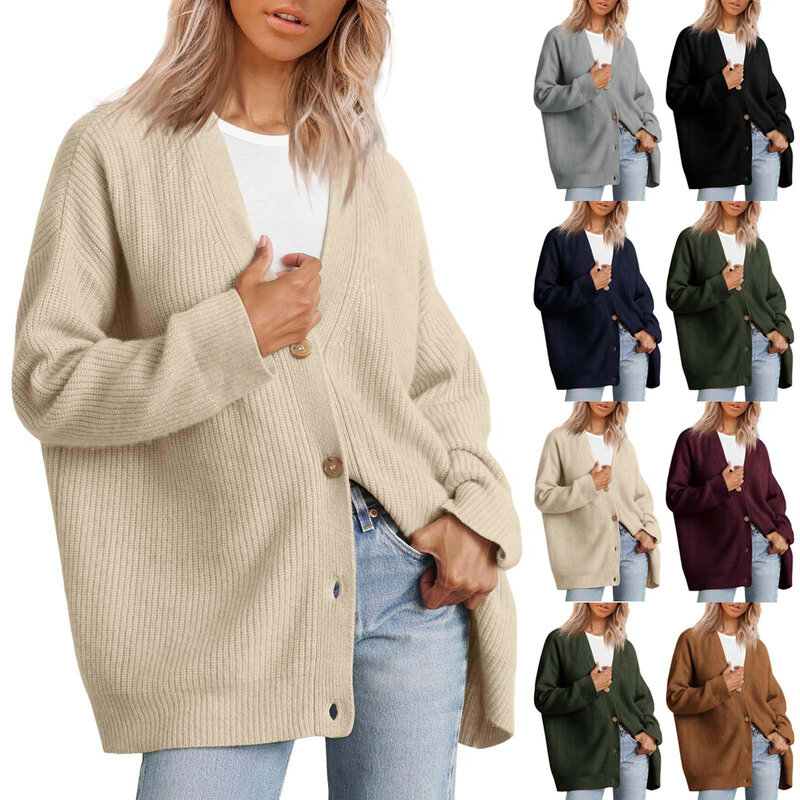 女性用の特大Vネックルーズカーディガン,ニットジャケット,軽量セーター,フロントボタン,2021