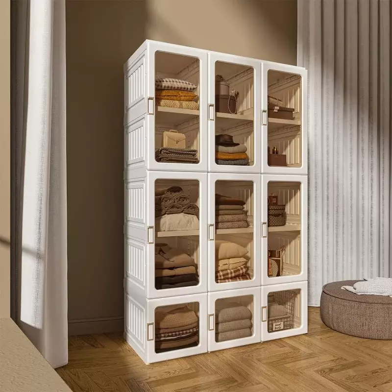 Portable Wardrobe Storage Organizer for Clothes, Painéis de Porta Transparentes, Adequado para Sala de Estar, Quarto, Armário Plástico